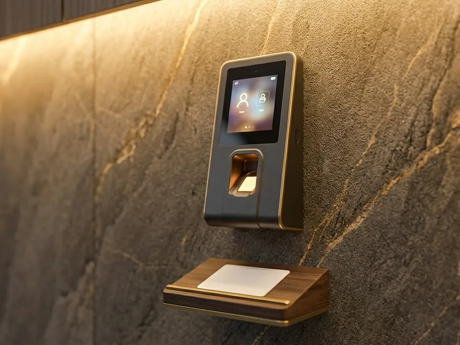 Illustration of a biometric attendance terminal with fingerprint sensor and screen mounted on a stone wall