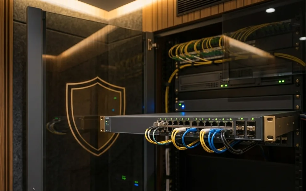 Illustration of a business firewall appliance with connected network cables inside an office network cabinet