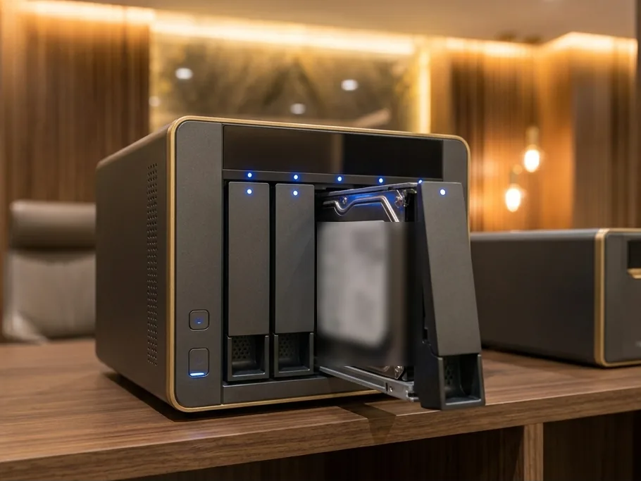 Illustration of a business NAS storage unit with hot-swap drive trays and blue activity lights