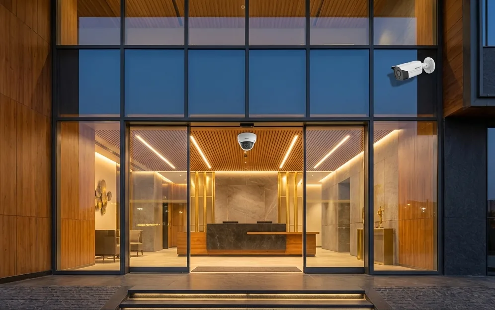 Illustration of a modern office entrance with a bullet camera on the facade and a dome camera above the reception