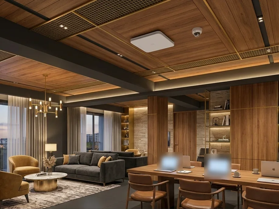 Illustration of a residential clubhouse lounge with a ceiling Wi-Fi access point and a dome CCTV camera