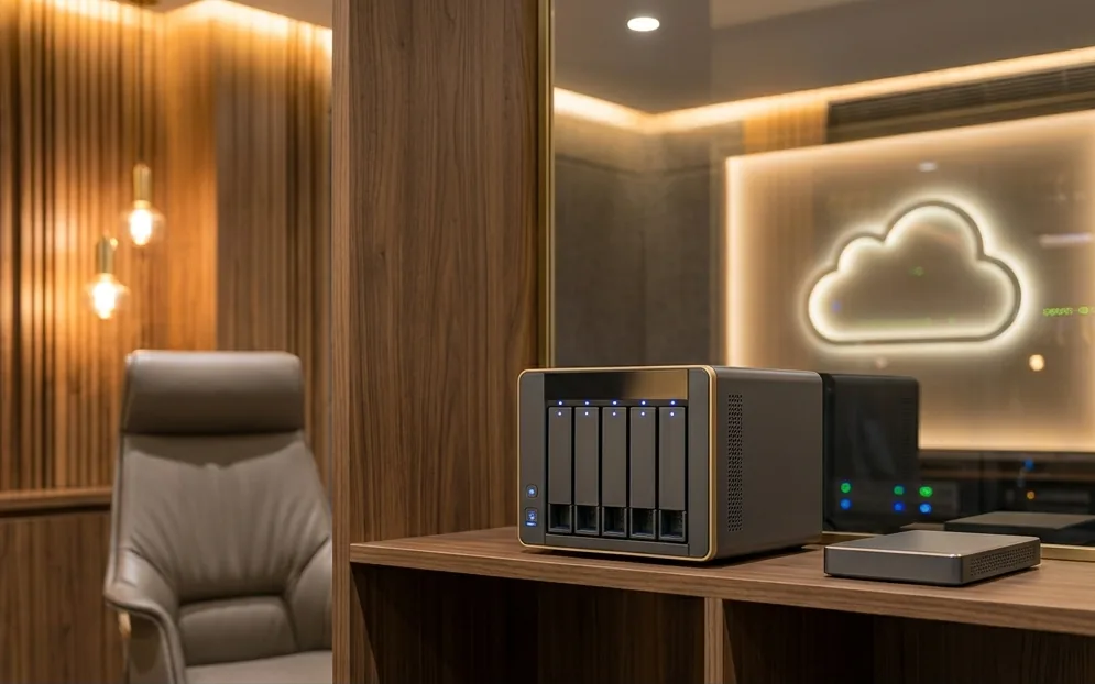 Illustration of a business NAS backup unit on a walnut shelf with a glowing cloud shape behind glass, representing local and cloud backup