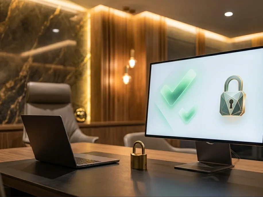 Illustration of an office workstation with a monitor showing an abstract security dashboard with check marks and a lock
