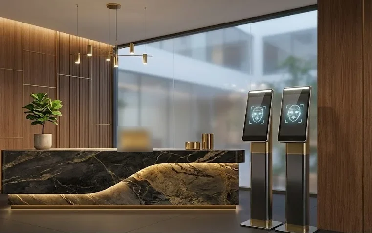 Illustration of an office reception with standalone face recognition attendance terminals beside the reception desk