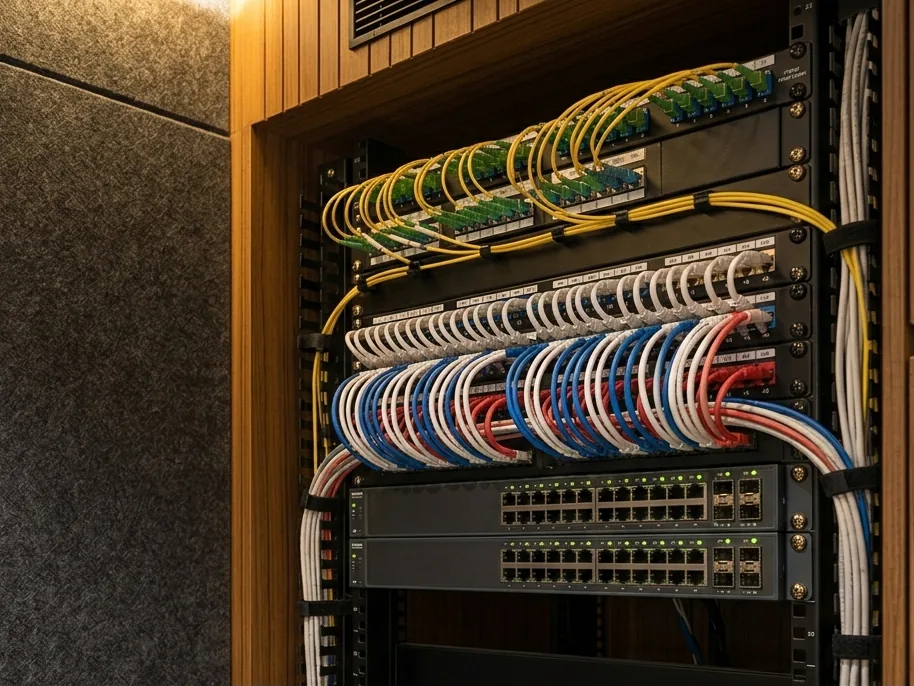 Illustration of a network rack with fibre patch panel, labelled Cat6 patch panels and network switches