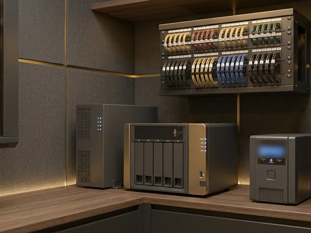 Illustration of a tidy small-office server corner with NAS storage, tower server, UPS and a labelled network rack