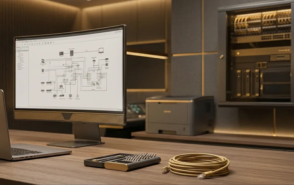 Illustration of a business desk with laptop, monitor, tool kit and network cable, with a printer and network cabinet behind