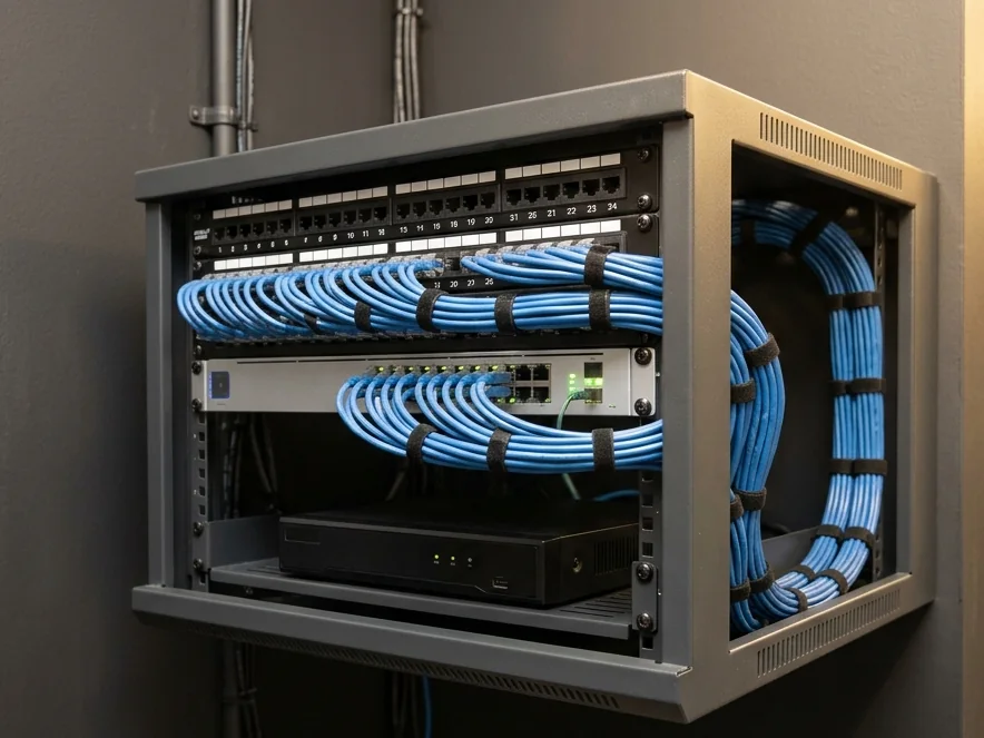 Illustration of a neatly organised network rack with labelled patch panel, Cat6 cables and switch