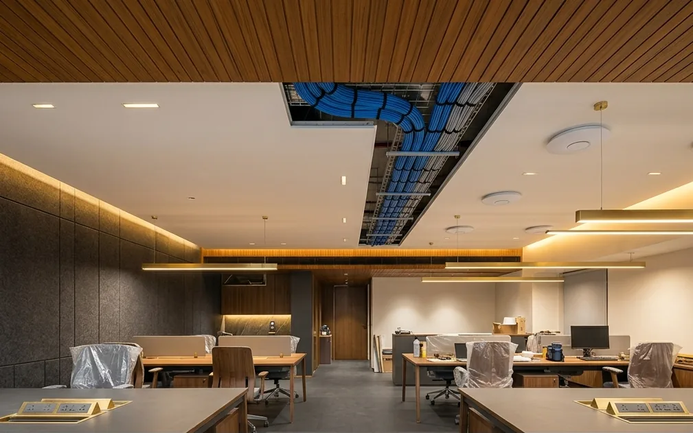 Illustration of an office ceiling opened to show bundled network cables on a cable tray, with ceiling Wi-Fi access points