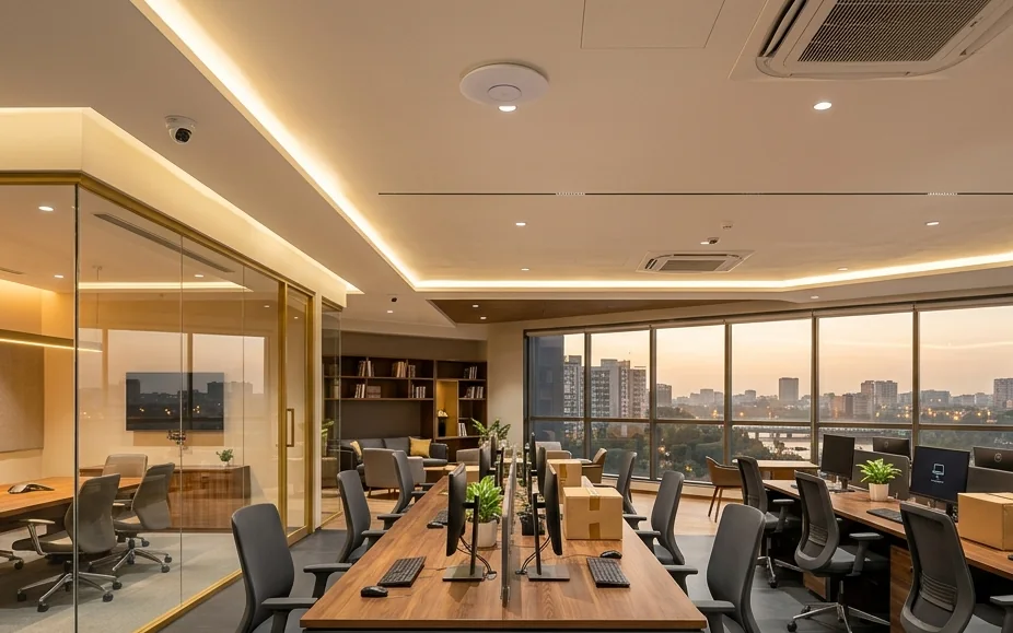 Illustration of a modern office interior with ceiling Wi-Fi access point and dome camera, representing a complete office IT setup