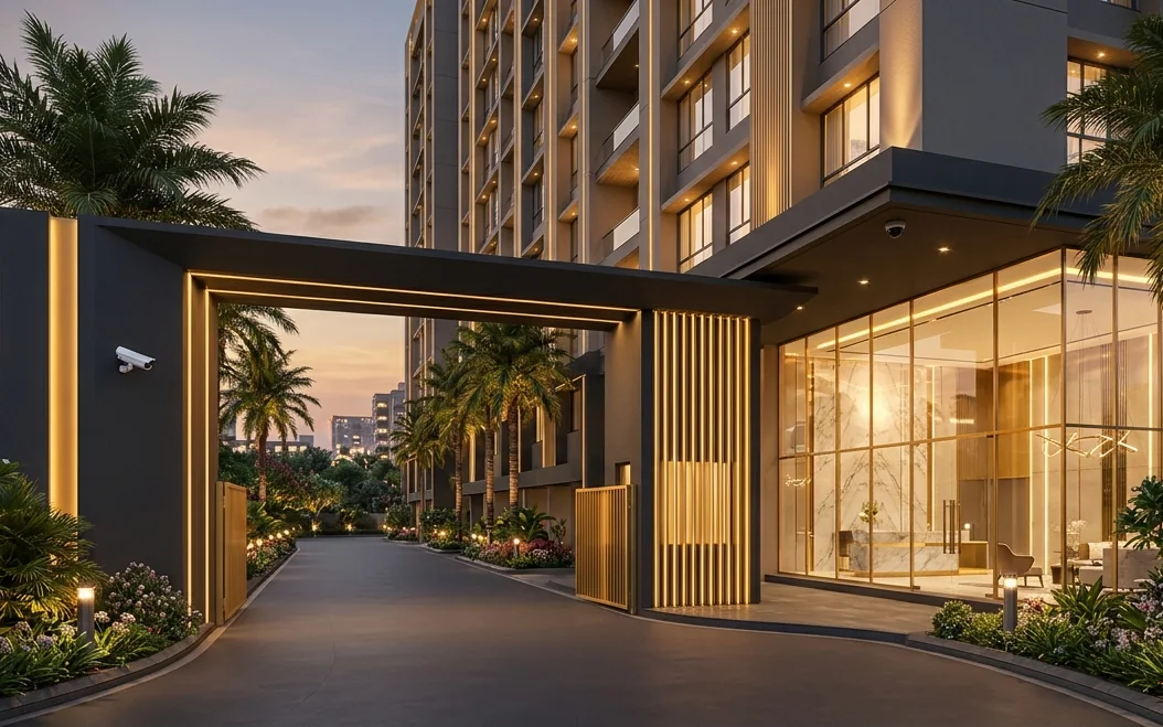 Illustration of a residential tower entrance driveway with CCTV cameras on the entrance pillar and canopy